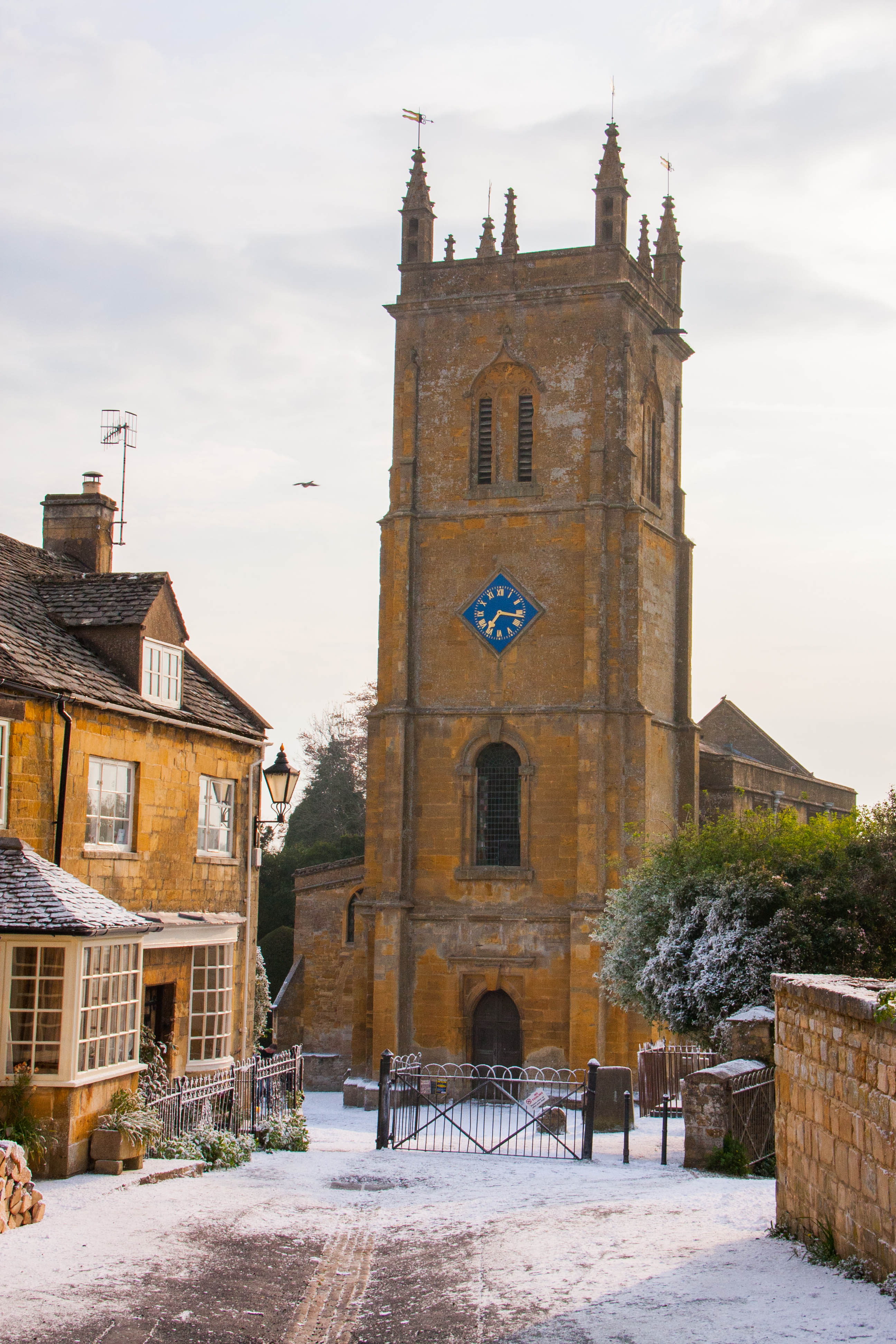 Blockley Church dressed with artifical snow during the filming of the 2016 Father Brown Christmas Special.  Photo: Adrian Beney
